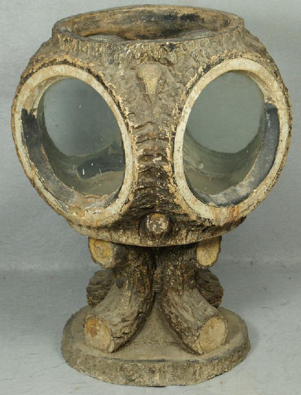 Pottery tree trunk form terrarium with 4 glass sid: Pottery tree trunk form terrarium with 4 glass sides, may have had a top at one time, 15 1/4" h