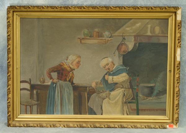 European School, 19th/20th c, o/c, Monk and Woman : European School, 19th/20th c, o/c, Monk and Woman in Kitchen, o/c, 20" x 30", gilt frame with losses