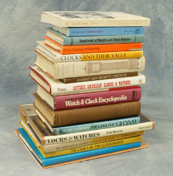 Lot of 14 assorted books on clocks, including: Cl: Lot of 14 assorted books on clocks, including: Clocks & Watches by Eric Bruton, The Horolovar 400-Day Clock Repair Guide by Charles Terwilliger; The Craft of the Clockmaker by E.J. Tyler; Horology Ame