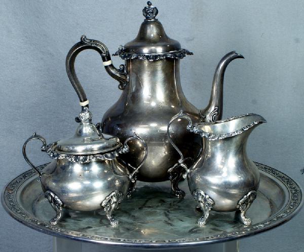 4 pc Gorham Strasbourg pattern sterling silver teas: 4 pc Gorham Strasbourg pattern sterling silver teaset c/o teapot, creamer, sugar bowl, 14 1/4" round tray, no monogram, 72.7 TO