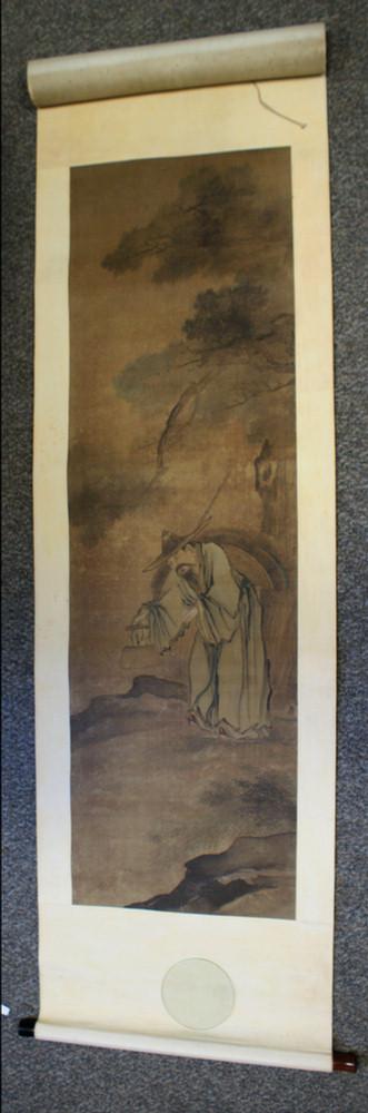 Chinese hand painted scroll depicting figure in a : Chinese hand painted scroll depicting figure in a landscape, rosewood handles, with wooden presentation box, Ex: Collection of Charles Hovey Pepper, 171/2" wide, 73" long