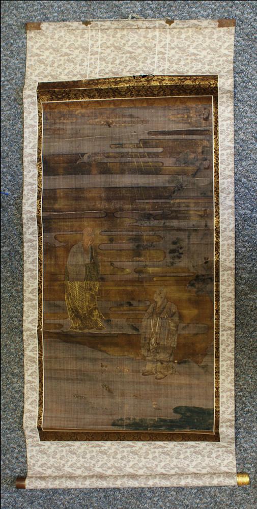 Chinese hand painted scroll depicting 2 scholars,: Chinese hand painted scroll depicting 2 scholars, some creases and minor losses, lacking one engraved brass end piece, Ex: Collection of Charles Hovey Pepper, 19 1/2" wide, 40" long