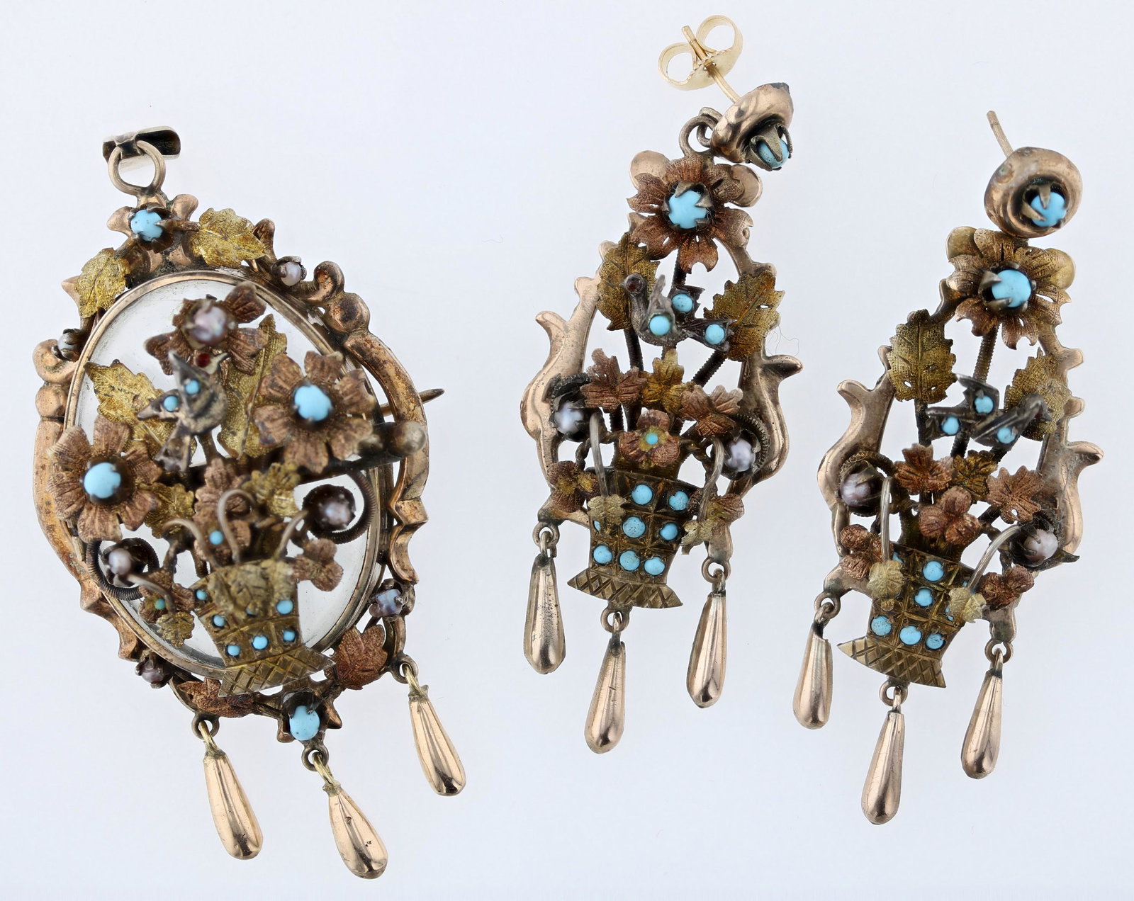 Suite Of Victorian Jewelry: Suite Of Victorian Jewelry c/o, (1) Mixed karat and colors, mostly 9ct. unmarked set comes with a convertible locket brooch/pendant decorated with small turquoise beads and seed pearls. C catch. Total