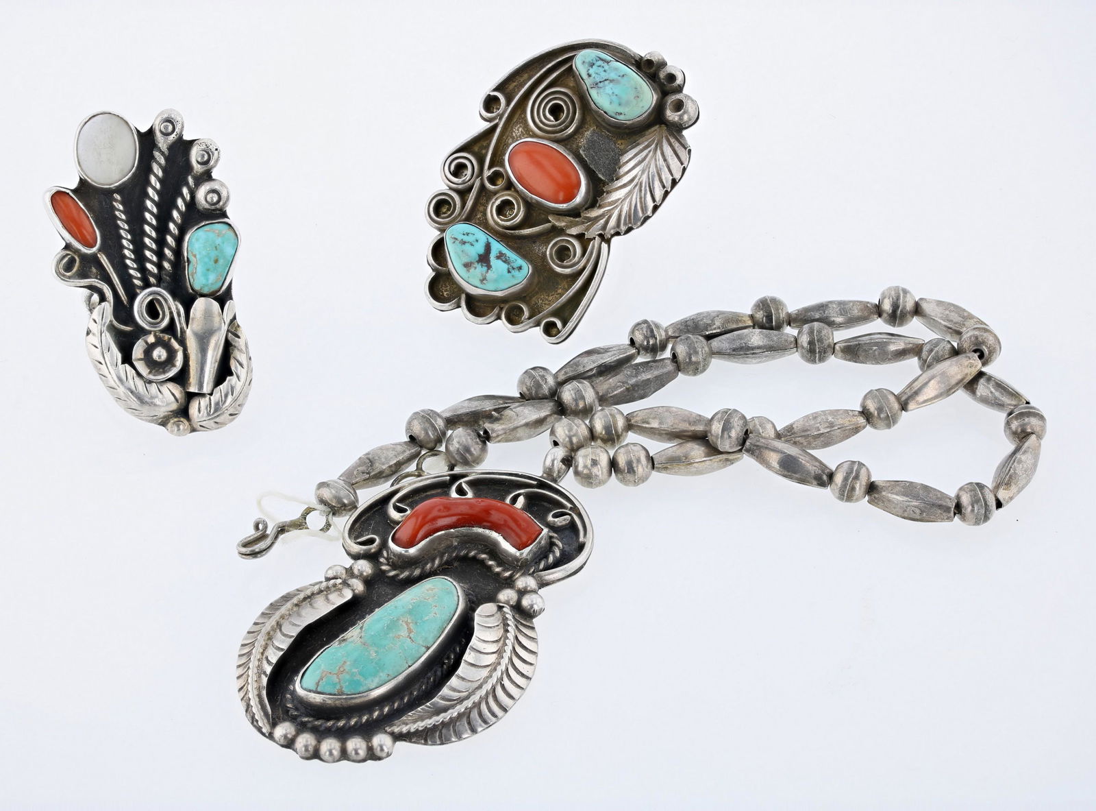 (3) Coral and Turquoise Rings and Matching Necklace (1 of 2)
