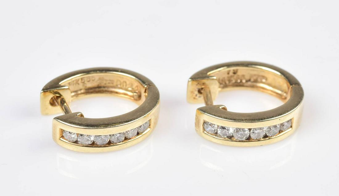 14K YG 0.24Ctw Diamond Earrings: 14K YG 0.24 Ctw. Diamond earrings, 11.7x12.5mm hoops, 2.2 Dwts.