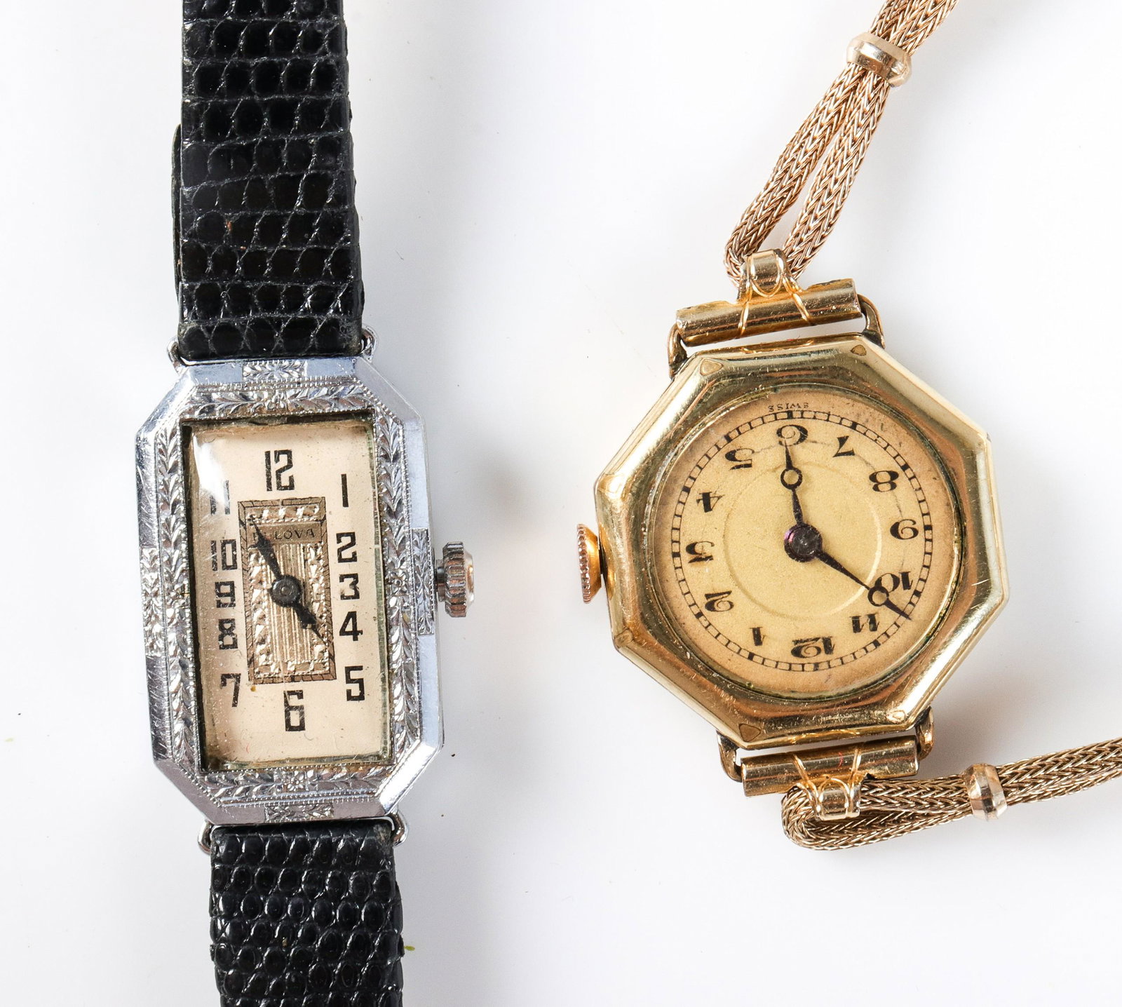 (2) Art Deco Ladies Wrist Watches: (2) Art deco ladies wrist watches lot c/o: (1) Art deco Bulova Ladies Tank Watch, black leather band approx. 8" long, 14K white gold filled case,monogrammed "EGR" Case, manual wind, runs when wound, (