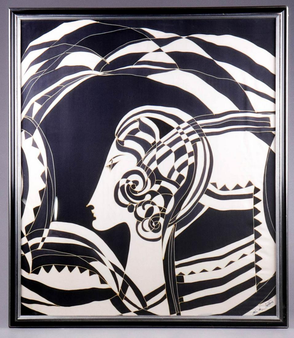 Maryvonne De Follin Framed Op Art Scarf: Maryvonne De Follin framed op art scarf, famed colorist and textile artist known for painting inspiration for Christian Lacroix, Guy Laroche, Ungaro and many more. Hand signed lower right corner, 34"