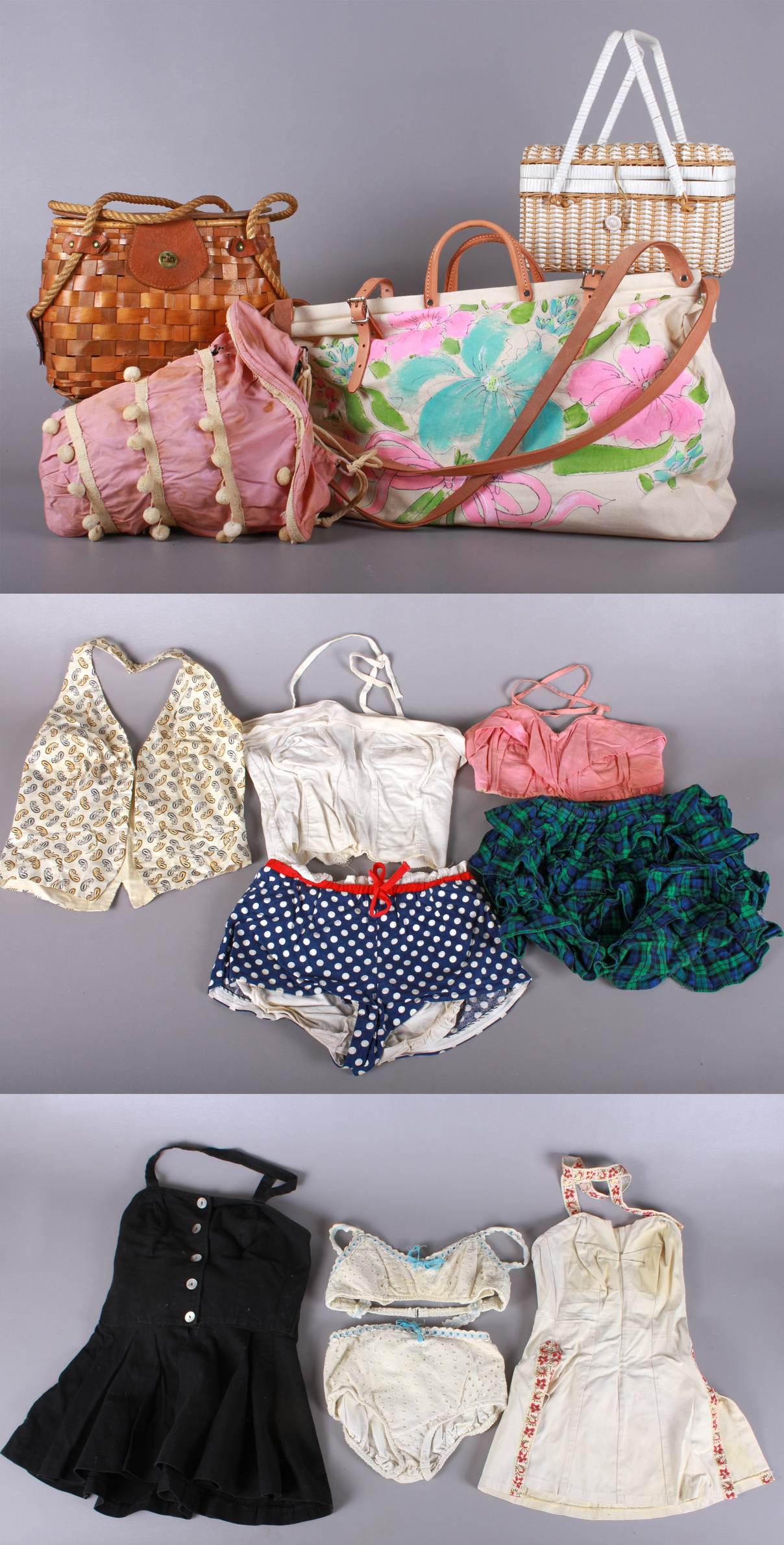 1950's/60's Down The Shore Grouping: 1950's/60's Down the shore grouping to include Nettie Rosenstein cream colored suit with red and gold leaf jacquard halter collar and side split trim, metal zip closure at back, desintigrated pads nee