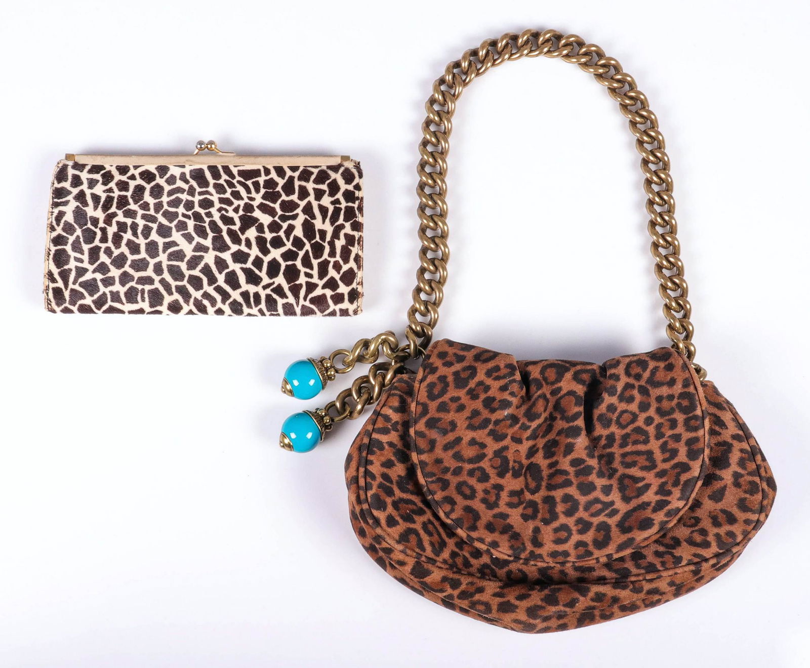 Jimmy Choo and Mark Cross Animal Purse and Wallet: Jimmy Choo and Mark Cross animal purse and wallet to include suede leopard Jimmy Choo purse, brushed brass chain link strap with turqoise bauble embellishments, embossed with Jimmy Choo, 9-1/2" L x 6-