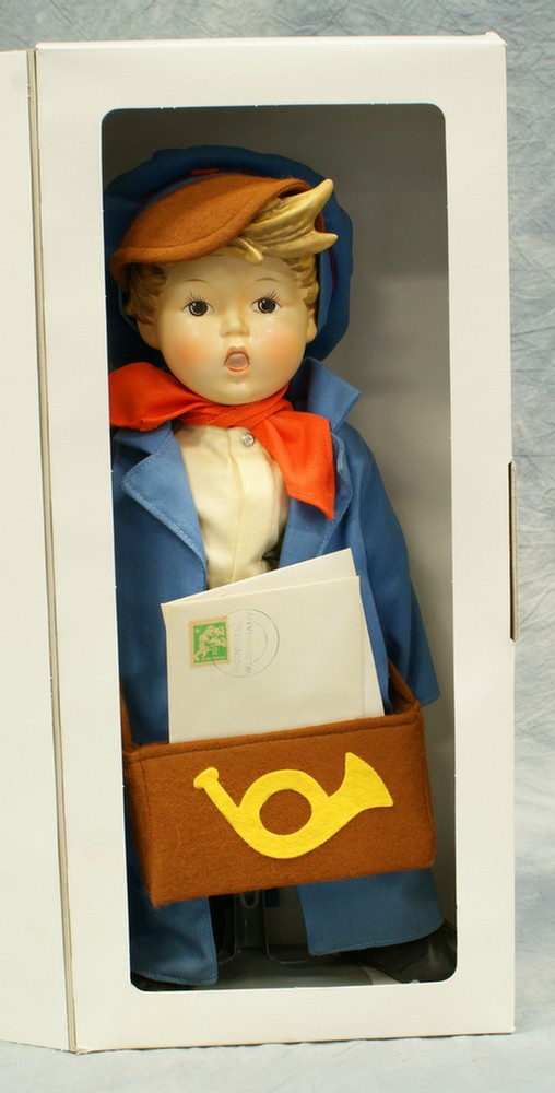 M.I. Hummel doll: Postman, 14 1/2"tall; modern mark: M.I. Hummel doll: Postman, 14 1/2"tall; modern mark, no damage, original box, 4 digit security code etched under base