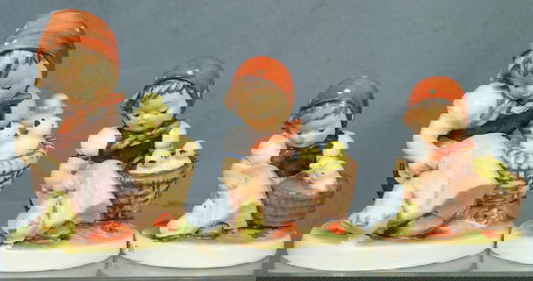 3 Hummel figurines: Chick Girl - 57/I, 4 1/2" tall;: 3 Hummel figurines: Chick Girl - 57/I, 4 1/2" tall; Chick Girl - 57/0, 4" tall; Chick Girl - 57 2/0, 1984, 3" tall, modern marks, no damage,no boxes, 4 digit security number etched on base