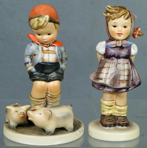 2 Hummel figurines: Farm Boy - 66, 5" tall; Which H: 2 Hummel figurines: Farm Boy - 66, 5" tall; Which Hand? - 258, 1963, 6" tall, modern marks, no damage,no boxes, 4 digit security number etched on base