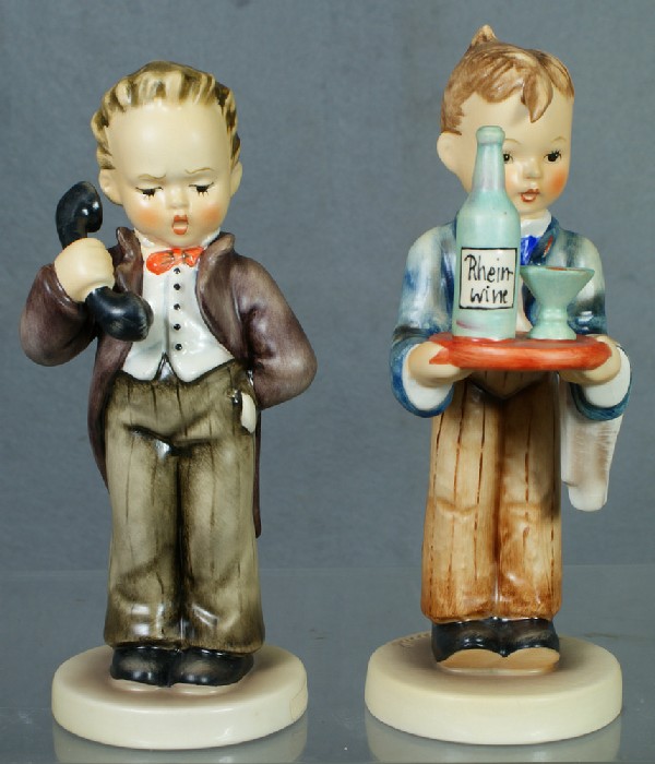2 Hummel figurines: Waiter - 754/I, 7" tall; Hello : 2 Hummel figurines: Waiter - 754/I, 7" tall; Hello - 124/I, 6 1/2" tall, modern marks, no damage,no boxes, 4 digit security number etched on base