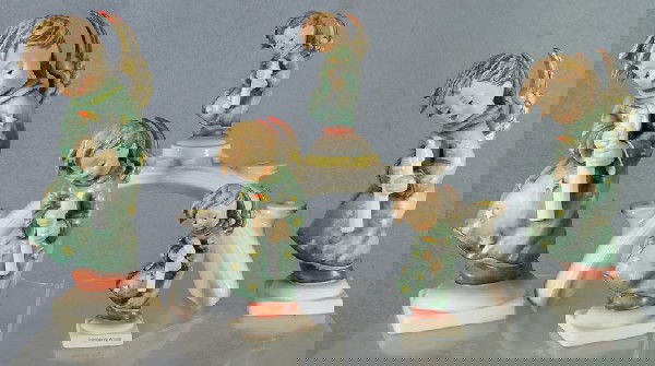 5 Hummel figurines: All Heavenly Angel - 21/II, 9": 5 Hummel figurines: All Heavenly Angel - 21/II, 9" tall; 21/I, 7" tall; 21/0 1/25, 6" tall; 21/0, 4" tall, with (arched candle holder with angel at top) - 241, 8 1/2" tall, modern marks, no damage,no