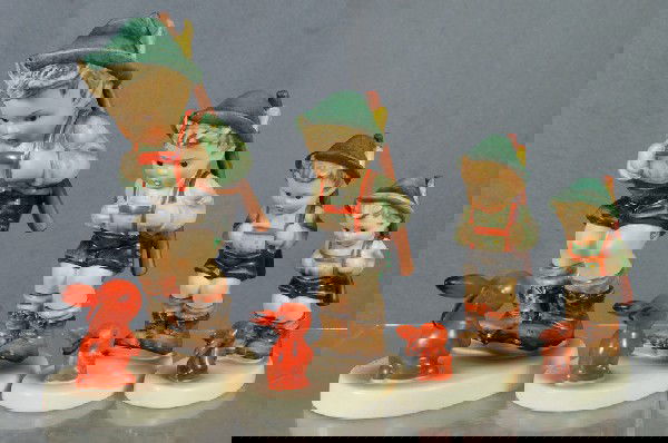 4 Hummel figurines: All 1984 Senstive Hunter - 6/I: 4 Hummel figurines: All 1984 Senstive Hunter - 6/II, 8" tall; 6/I, 6" tall; 6/0, 5" tall, 6 2/0, 4" tall, modern marks, no damage,no boxes, 4 digit security number etched on base