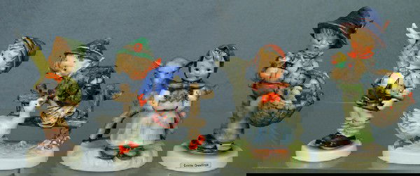 4 Hummel figurines: Follow the Leader - 369, 1964,: 4 Hummel figurines: Follow the Leader - 369, 1964, 7 1/2" tall; Easter Greetings - 378, 1971, 5 1/2" tall; Come Back Soon - 545, 1989, 4 1/2" tall; Barnyard Hero - 195 2/0, 1948, 4" tall modern marks,