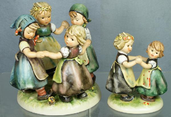 2 Hummel figurines: (4 little girls dancing in a c: 2 Hummel figurines: (4 little girls dancing in a circle) - 348, 1957, 7 1/2" tall; (two little girls dancing in a circle) - 353/0, 1963, 5" tall, modern marks, no damage, no boxes, 4 digit security nu