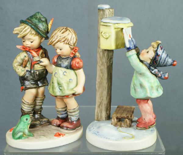 2 Hummel figurines: A Letter to Santa Claus - 340,: 2 Hummel figurines: A Letter to Santa Claus - 340, 1957, 7 1/2" tall; Timid Little Sister - 394, 1972, 7" tall, modern marks, no damage, no boxes, 4 digit security number etched on base