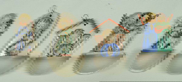 4 Hummel holy water fonts: 146, 207, 35/0, 75, ran: 4 Hummel holy water fonts: 146, 207, 35/0, 75, ranging from approximately 4-5" tall, modern marks, no damage, no boxes, 4 digit security code etched on base