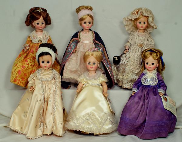 6 pc Madame Alexander First Lady Doll Complete Col: 6 pc Madame Alexander First Lady Doll Complete Collection, 1501 Martha Washington; 1502 Abigail Adams; 1503 Martha Randolph; 1504 Dolley Madison; 1505 Elizabeth Monroe; 1506 Louisa Adams, all original