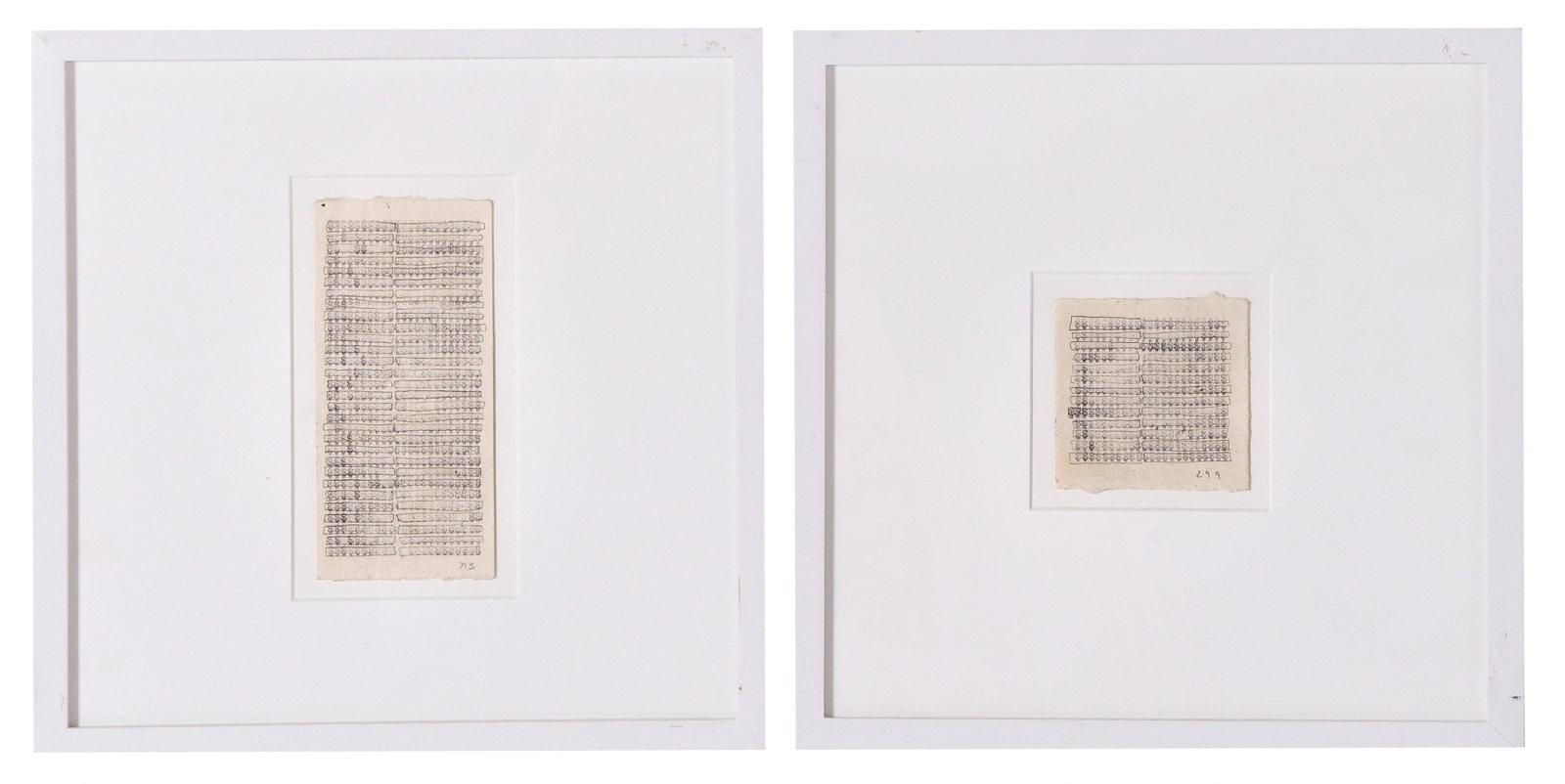 (2) Timothy Paul Myers "299 Dollars" and "713 Dollars": (2) Timothy Paul Myers 21st C Australian-American, "299 Dollars" and "713 Dollars", typewritten dollar signs and graphite on vellum, exhibition labels on back, larger measures 5-5/8" x 2-5/8" sheet, v