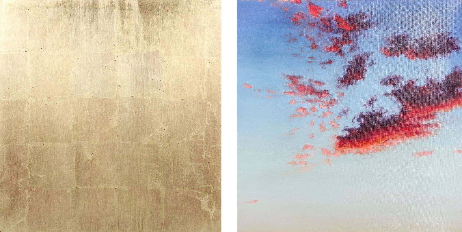 Jim Thalassoudis "Evening Sky #3": Jim Thalassoudis (Australian, b 1962) "Evening Sky #3" diptych, oil on linen and 12 carat gold leaf on wood, signed "Jim Thalassoudis" on back, each panel 16-3/4" x 15-3/4, very good condition, Robert
