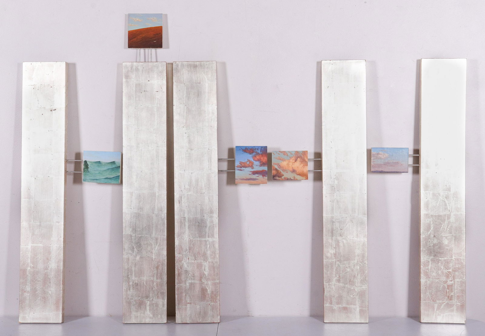 (5) Jim Thalassoudis Paintings: (5) Jim Thalassoudis (Australian, b 1962) "Clouds", "Clouds 2", "Seascape", "Hill", and Untitled, oil on linen and 12 carat gold leaf on wood, signed "Jim Thalassoudis" on back, 200 and 2001, large pa