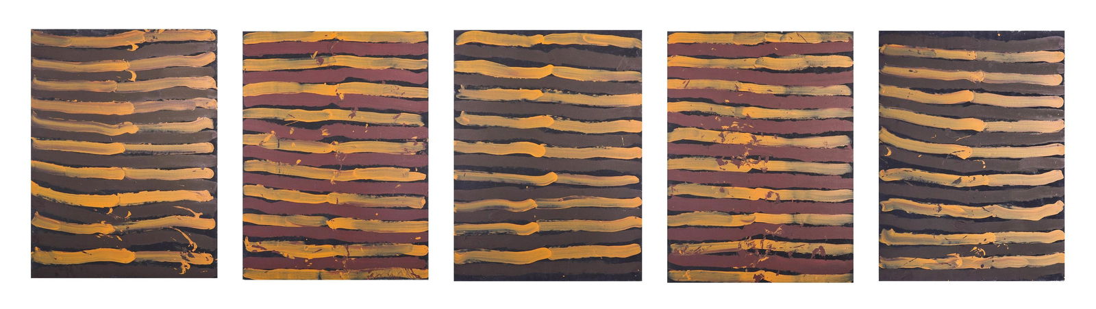 (5) Emily Kame Kngwarreye "Body Stripes": (5) Emily Kame Kngwarreye (Australian, 1910-1996) "Body Stripes", set of (5) paintings, acrylic on canvas, 48" x 36" each, very good condition.Emily Kame Kngwarreye was one of Australia's most promine
