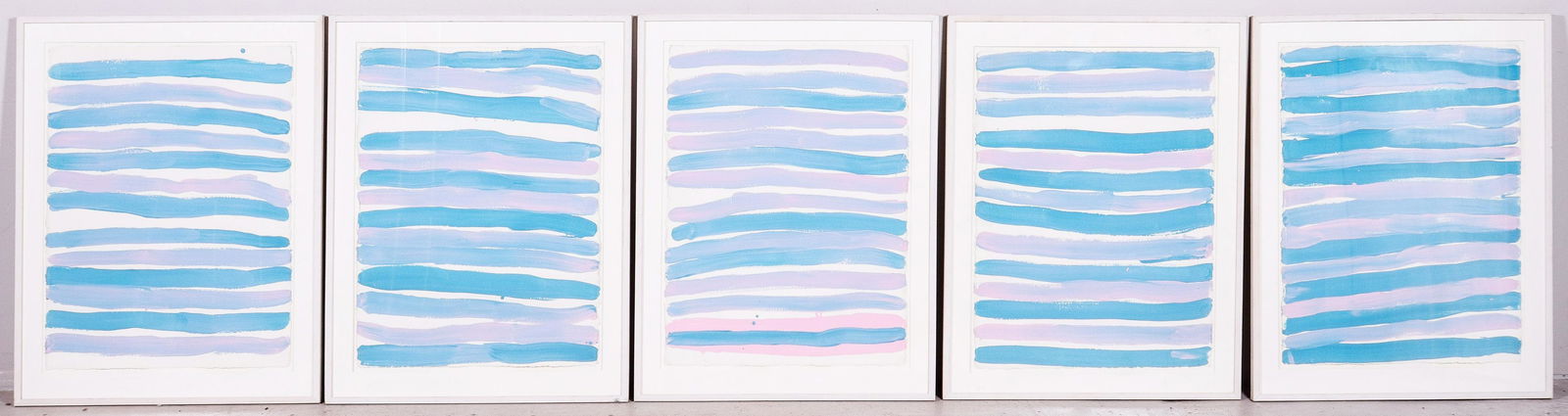 (5) Emily Kame Kngwarreye "Body Stripes (Blue)": (5) Emily Kame Kngwarreye (Australian, 1910-1996) "Body Stripes (Blue)", set of (5) paintings, acrylic on paper, 30" x 22-1/2" sheet each 36-1/2" x 28-1/2" framed, very good condition.Emily Kame Kngwa