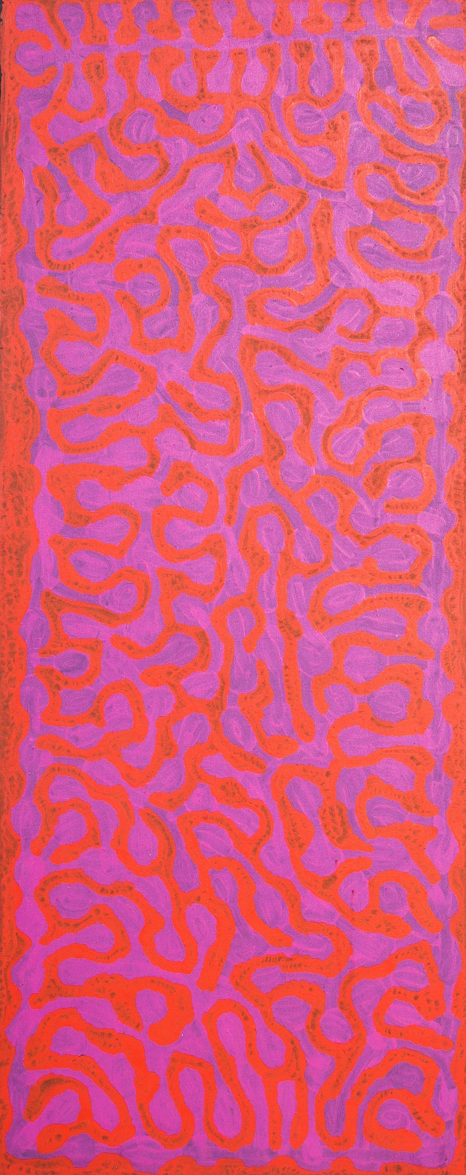 Mitjili Napurrula "Yam Root": Mitjili Napurrula (Australian, 1945-2019) "Yam Root", acrylic on canvas, 61" x 24-1/2", very good condition, Robert Steele Gallery NY; Robert Steele operated Anima Gallery in Adelaide, Australia as we