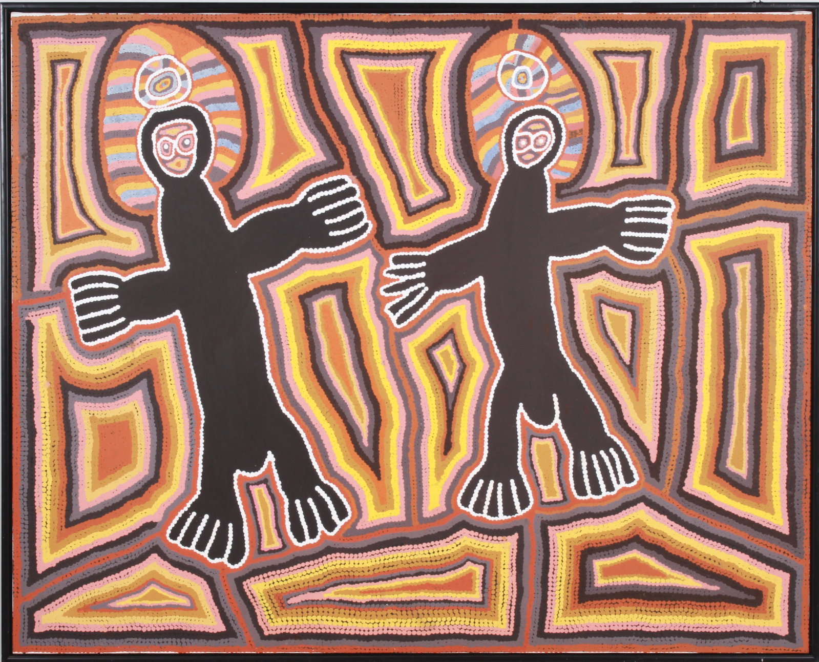 Linda Syddick Napaltjarri "Spirits at Kiwirrkurra": Linda Syddick Napaltjarri (Australian, b 1941) "Spirits at Kiwirrkurra", acrylic on canvas, signed on back, 42" x 52-1/4", framed 43-1/2" x 53-3/4", very good condition, Robert Steele Gallery NY; Robe