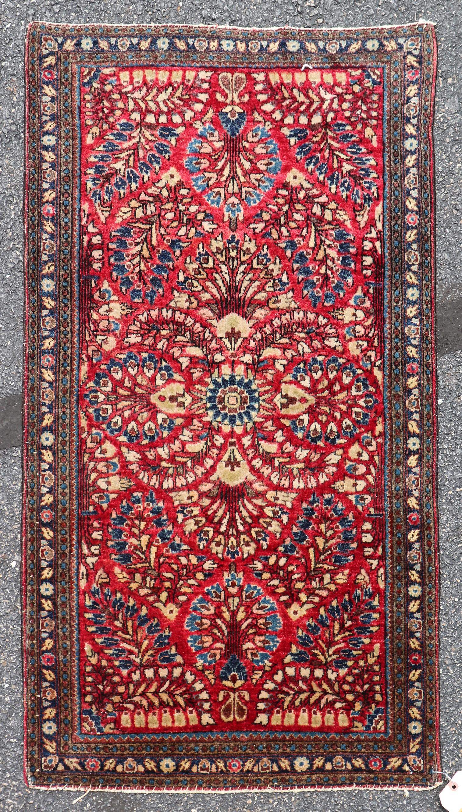 2' X 3'10" Semi Antique Persian Sarouk Rug: 2' X 3'10" Semi Antique Persian Sarouk Rug, circa 1930's; wear and end loss, see photos for specific condition concerns.