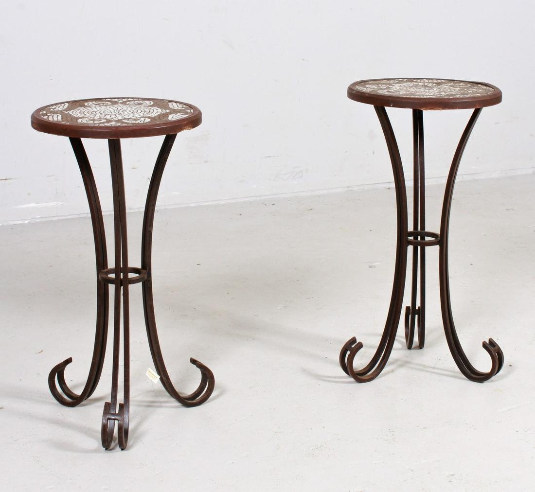 Pair mosaic top and metal pedestal tables (1 of 2)