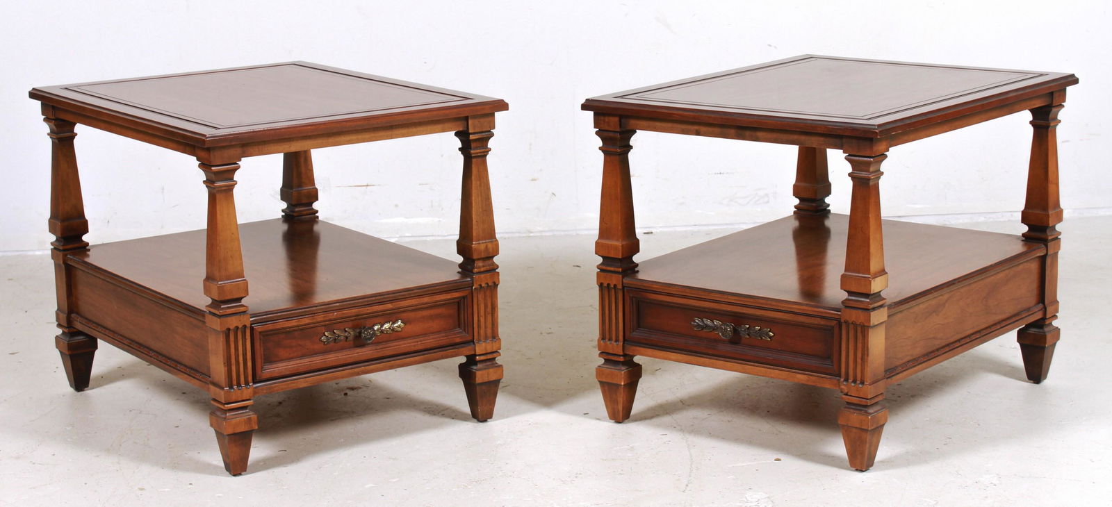 Pair walnut finished 2-tier side tables (1 of 3)