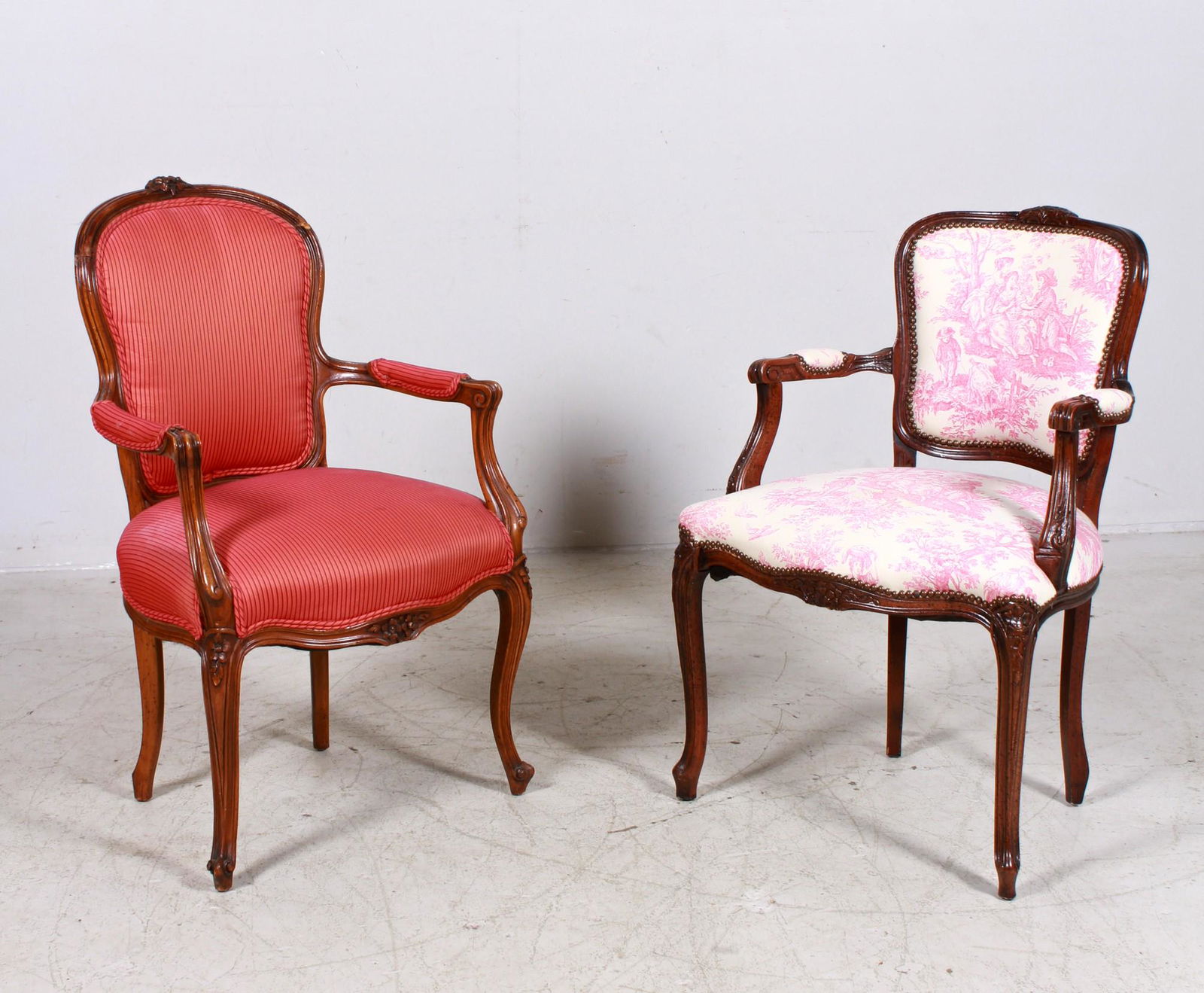 (2) French style carved walnut open armchairs (1 of 4)