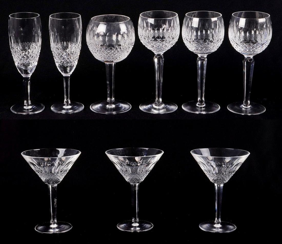 (9) Waterford Colleen Glasses: (9) Waterford Colleen glasses to include (3) hock wines, 7-1/2" H, (3) cocktails/martinis, (2) tall champagnes and (1) balloon wine