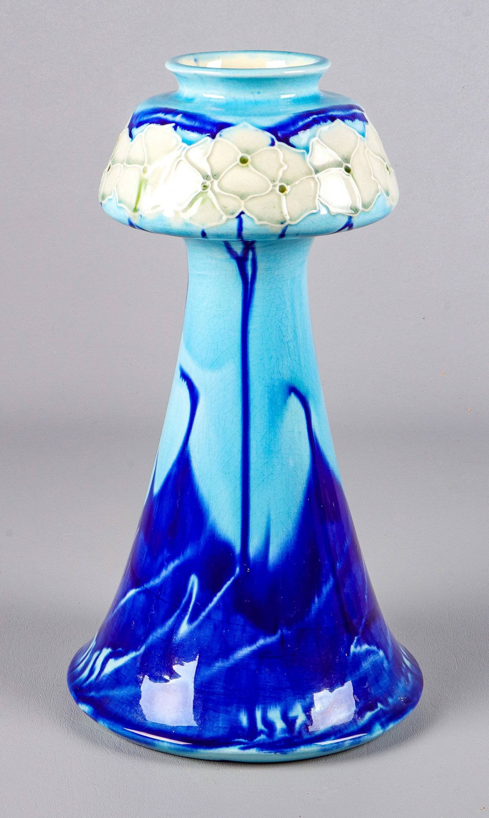 Minton Ltd. Secessionist Ware Vase: Minton Ltd. Secessionist Ware vase, impressed floral decoration in multi-blue glaze, 12-1/2" H, Stress crack