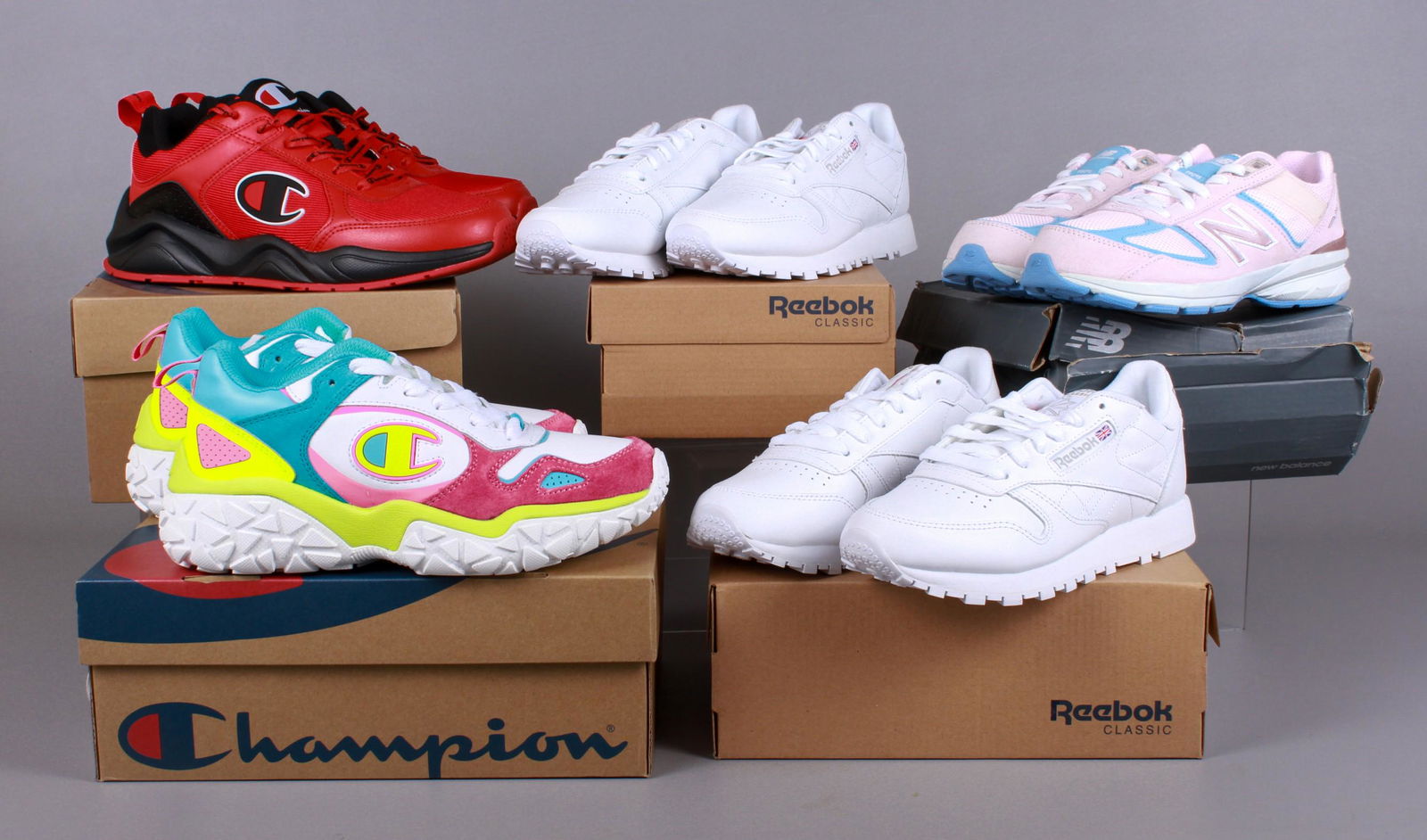 (5) Pair NIB Kids and Womens Sneakers: (5) Pair NIB kids and womens sneakers to include New Balance kids pc990mp5 pink and blue sneakers, 2-1/2, Reebok Classic white leather sneakers, 5.5 womens, Reebok Classic white leather sneakers, 5 wo