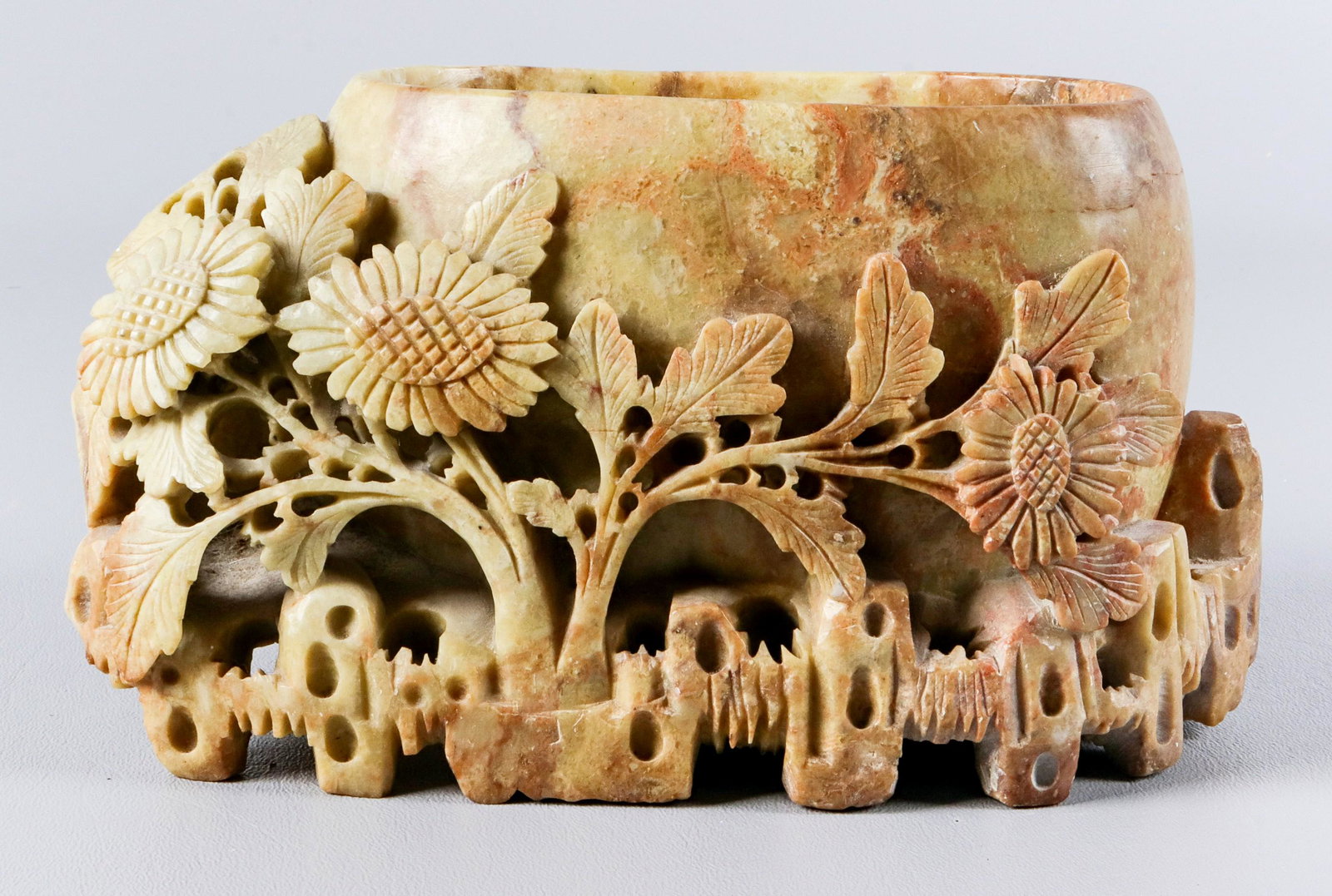 Carved Soapstone Brush Washer: Carved soapstone brush washer, in pierced floral and foliate surround, 8" L x 4-1/2" H
