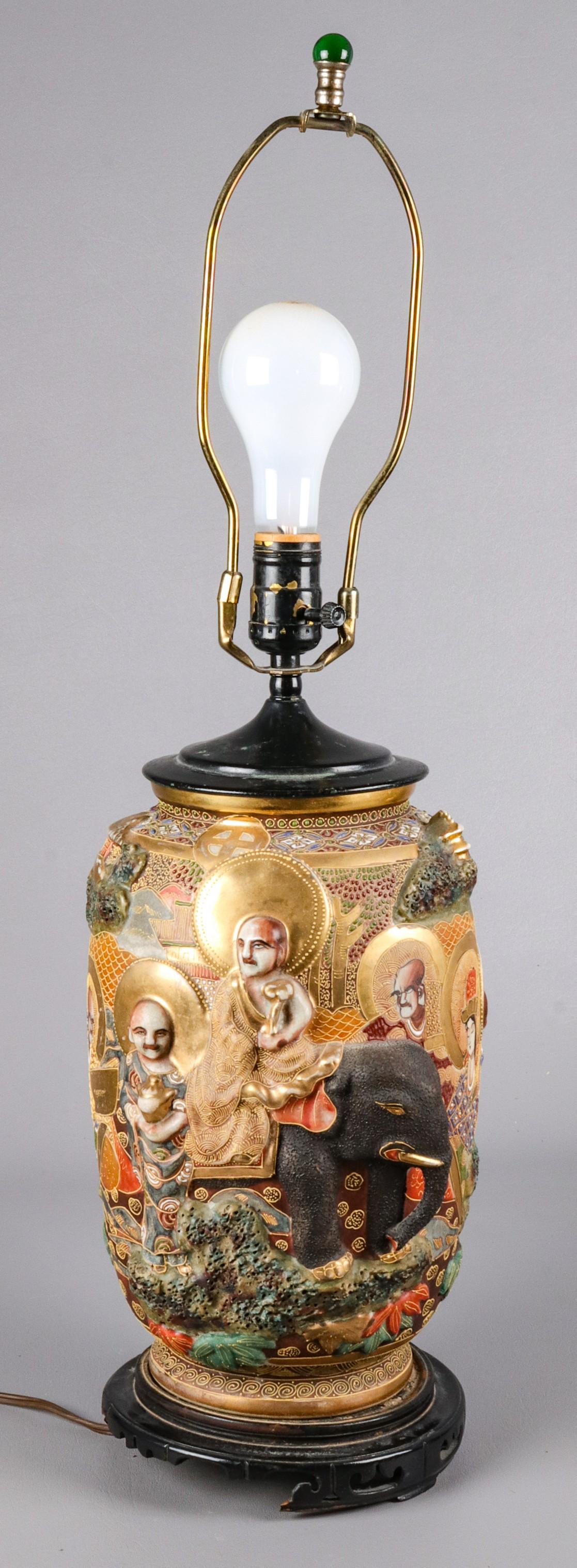Satsuma Pottery Vase as Lamp: Satsuma pottery vase as lamp, on raised pierced foot, 13" H27" H including harp, damage to base, piece included for repair.