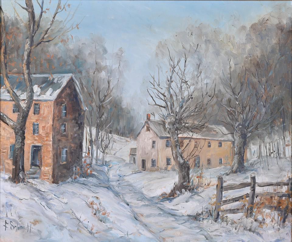 F Schmidt Impressionist landscape painting: F Schmidt, 20th C American, Impressionist landscape painting, oil on canvas, signed "F. Schmidt", 20" x 24", framed 24" x 28", good condition