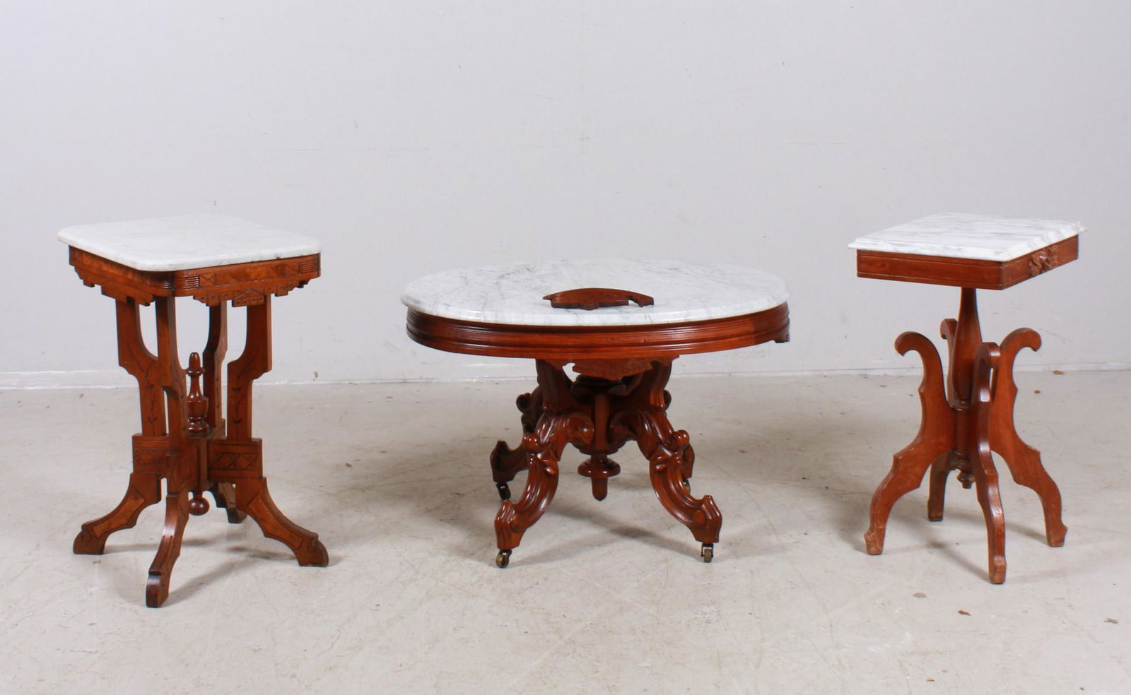 (3) Victorian carved walnut marbletop tables (1 of 5)