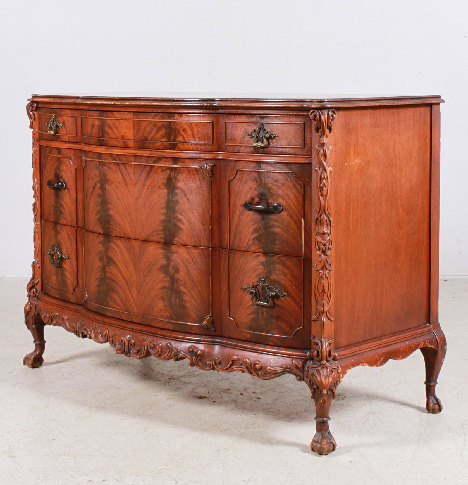 Chippendale style mahogany serpentine chest of drawers: Chippendale style mahogany serpentine chest of drawers, 3 drawers, ball and claw feet, 36"h x 40"w x 23"d