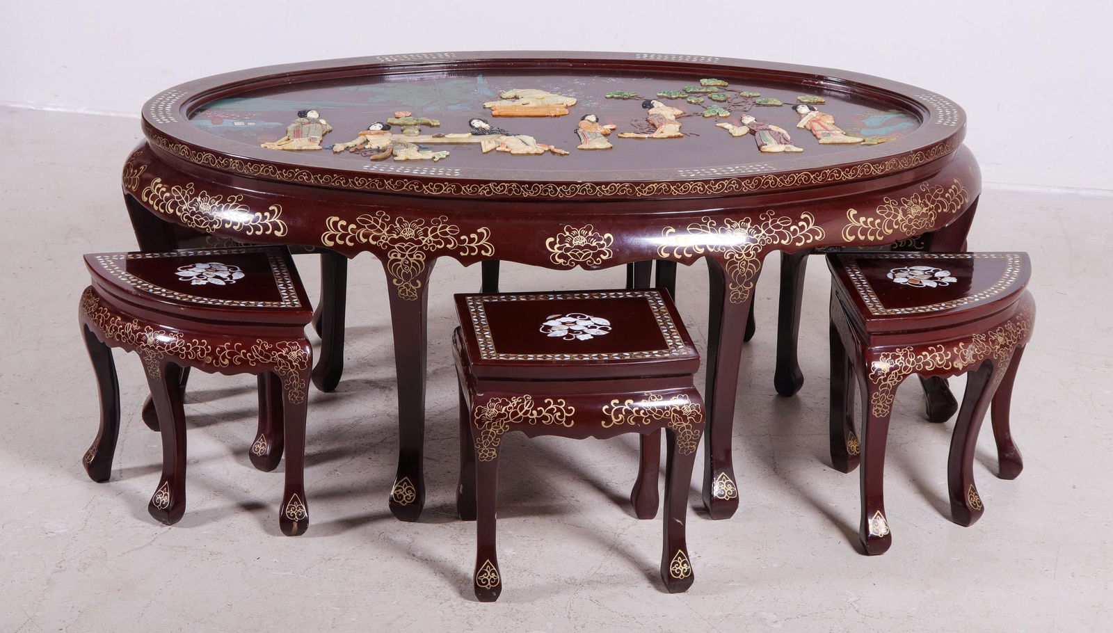 Japanese oval Sake table with 6 low benches (1 of 3)