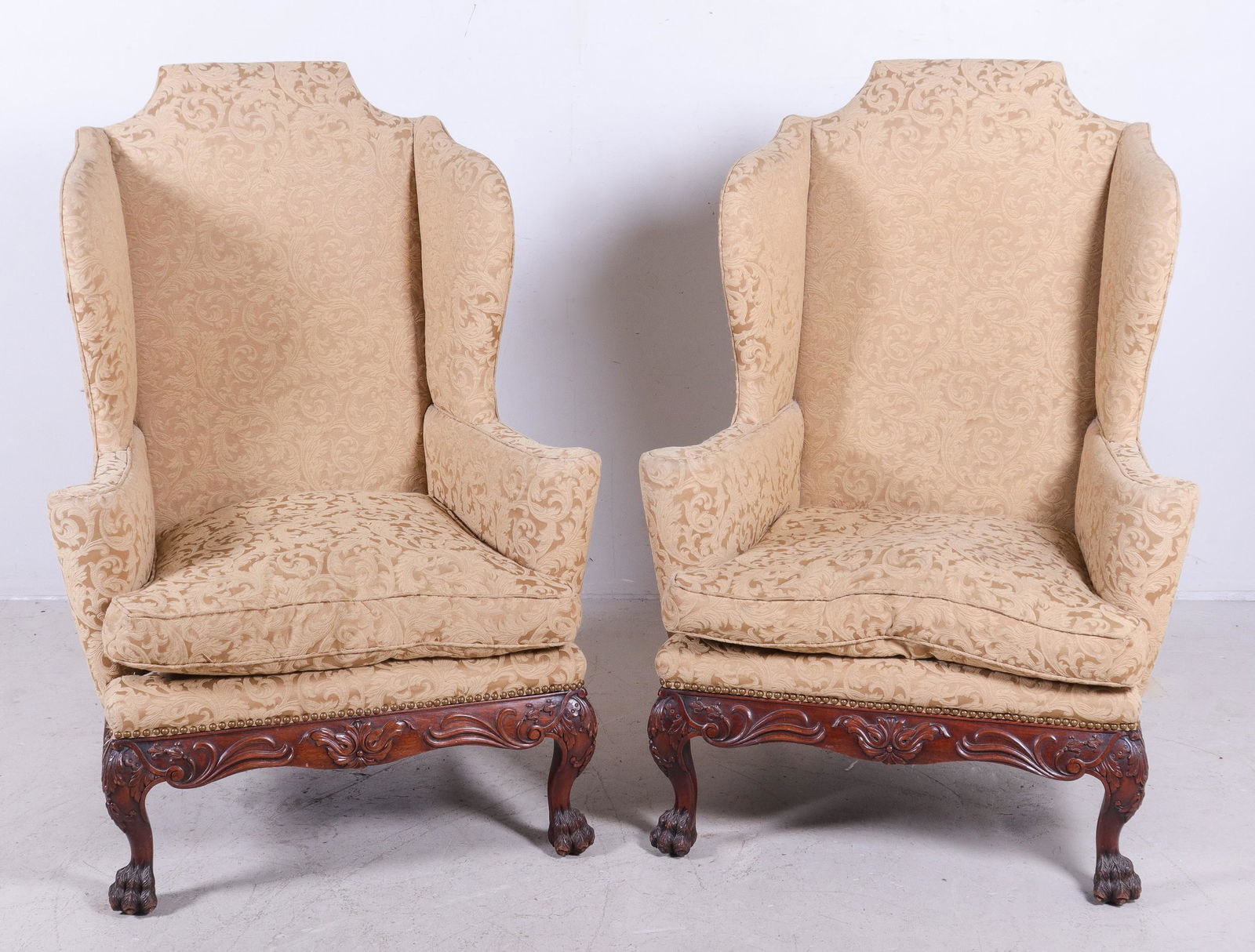 Pair Chippendale style carved walnut wing chairs (1 of 4)