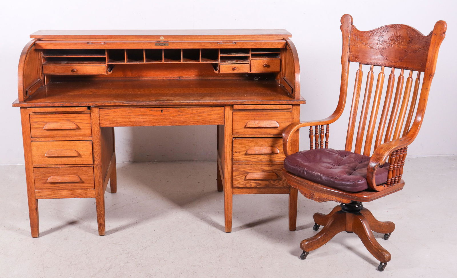 Oak rolltop desk with oak carved office chair (1 of 1)