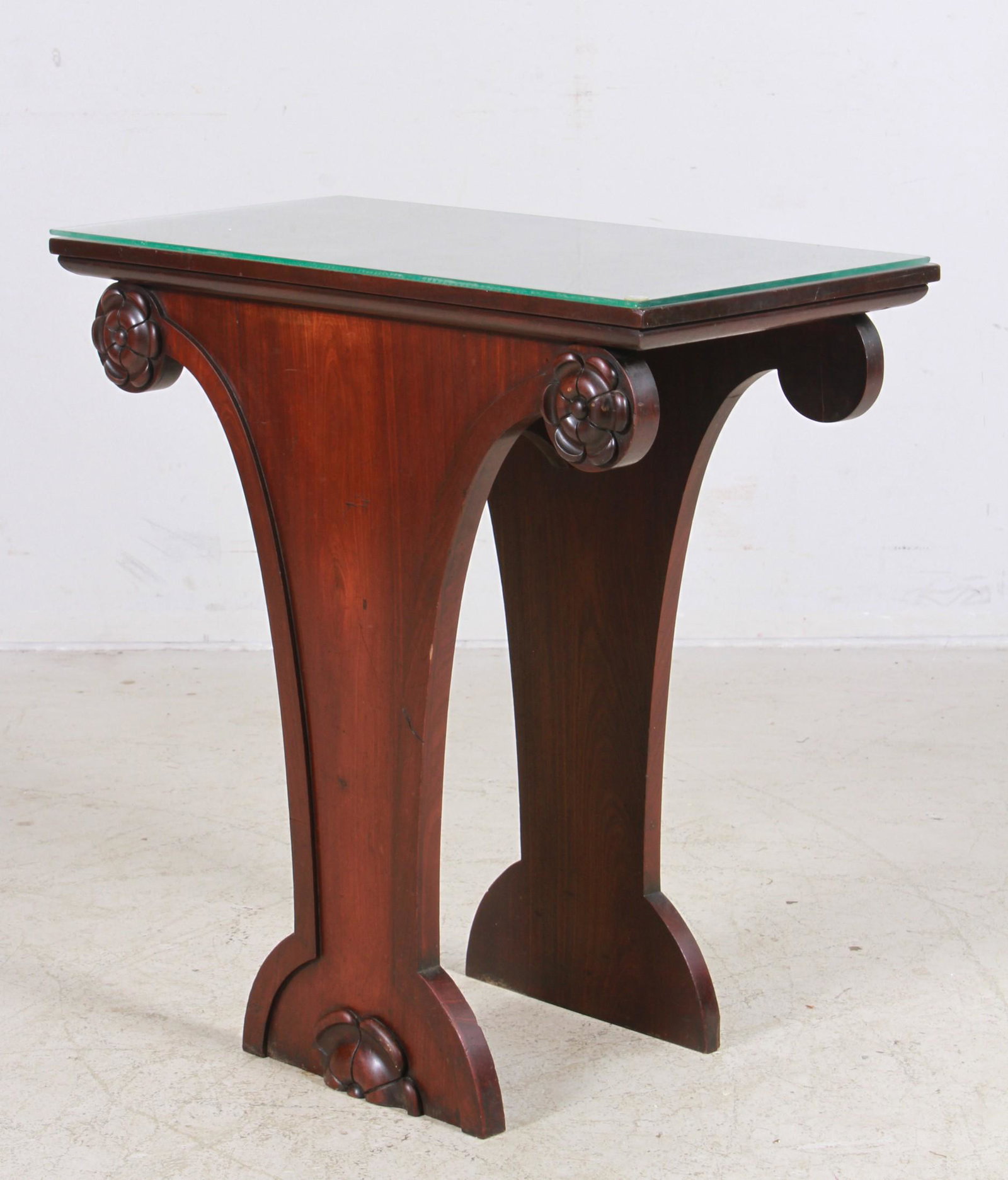 Mahogany wine table: Mahogany wine table, glass top, 29-1/2"h x 18"w x 14"d