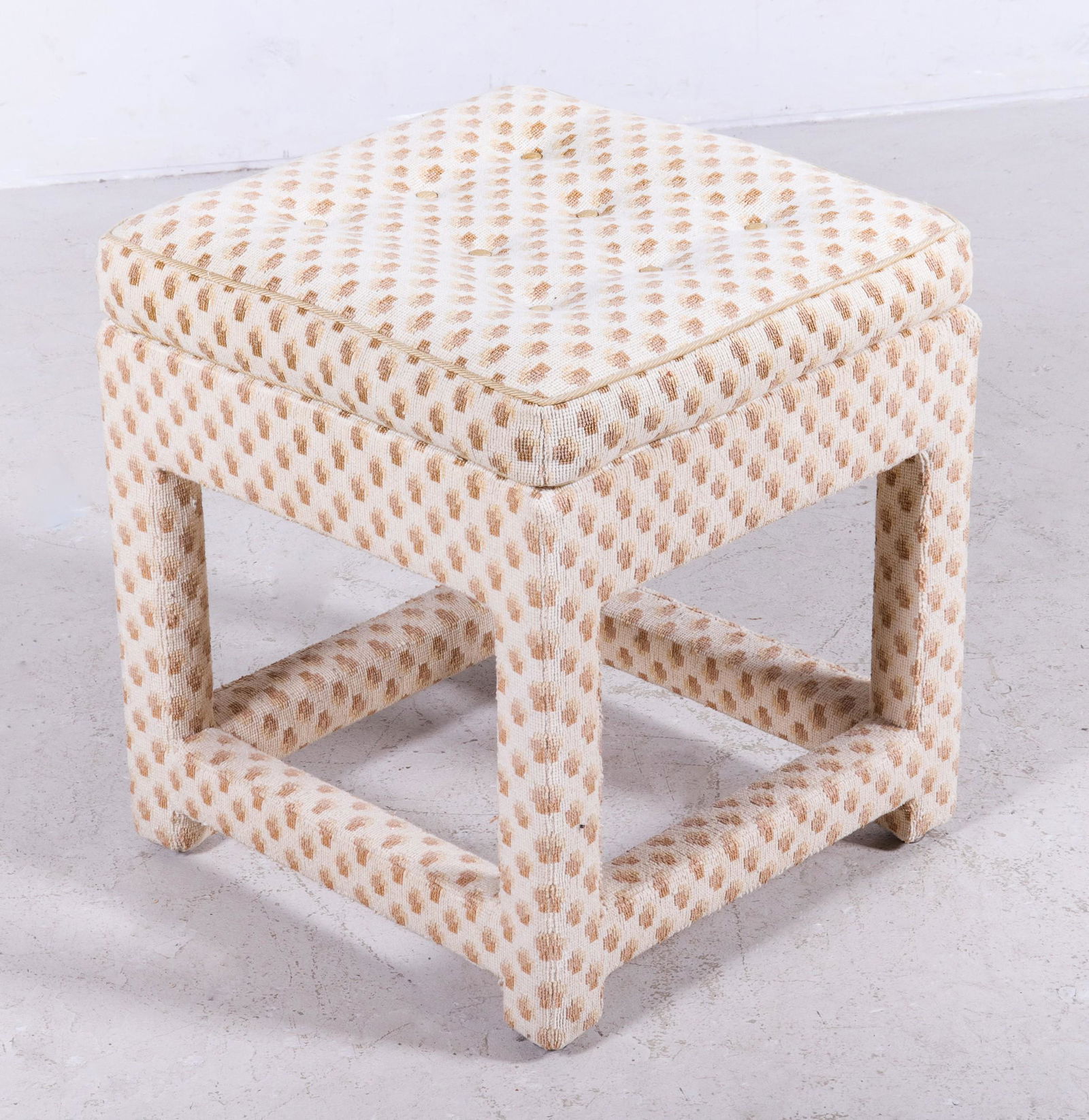 Milo Baughman style tufted upholstered footstool: Milo Baughman style tufted upholstered footstool, brown and cream decorated, 19"h x 18-1/4"square