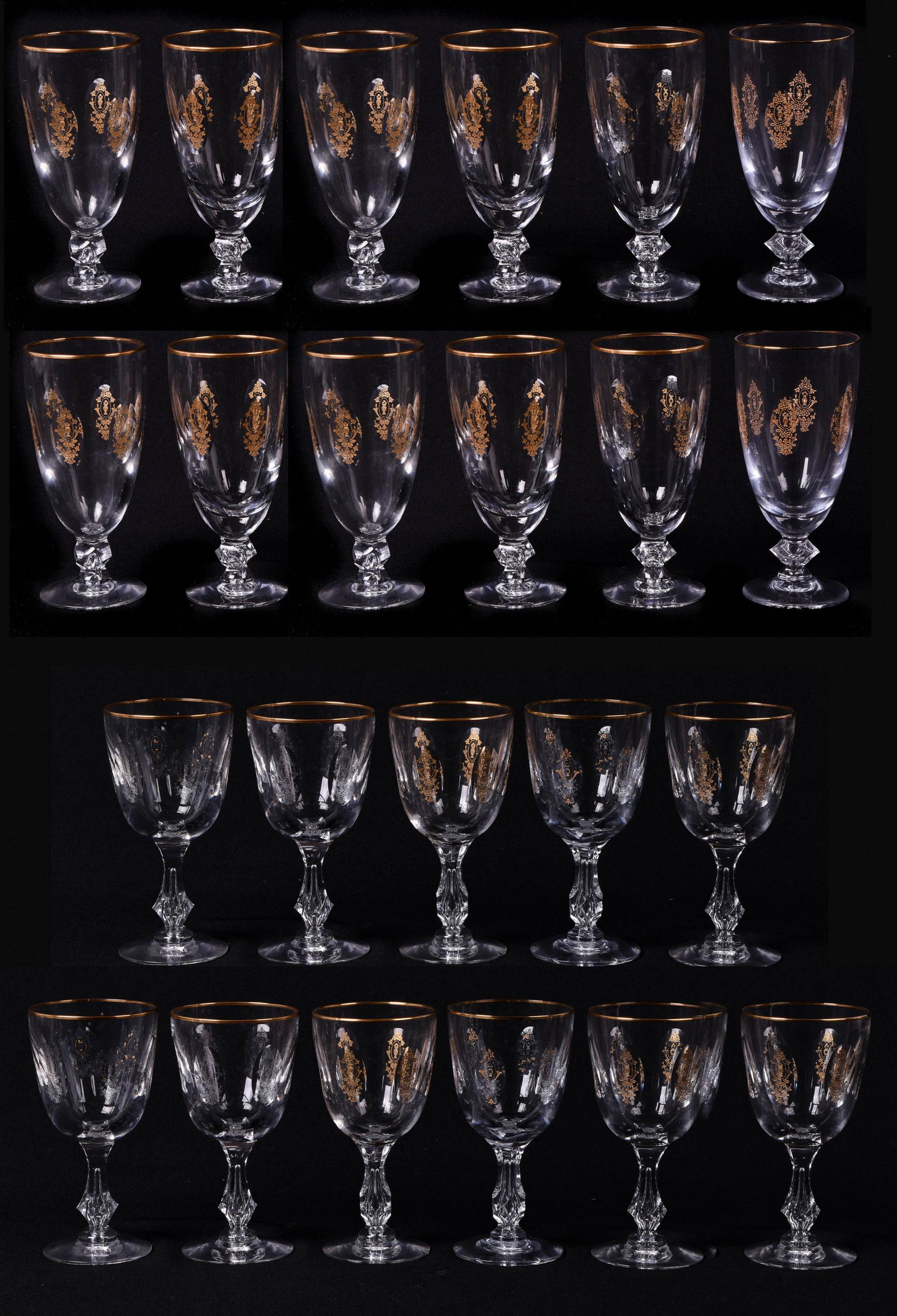 (23) Tiffin Franciscan Palais Versailles Stemware: (23) Pcs Tiffin Franciscan crystal stemware, etched Palais Versailles, c/o (12) 7" h water goblets, (11) 7" h wine glasses, some gilt wear