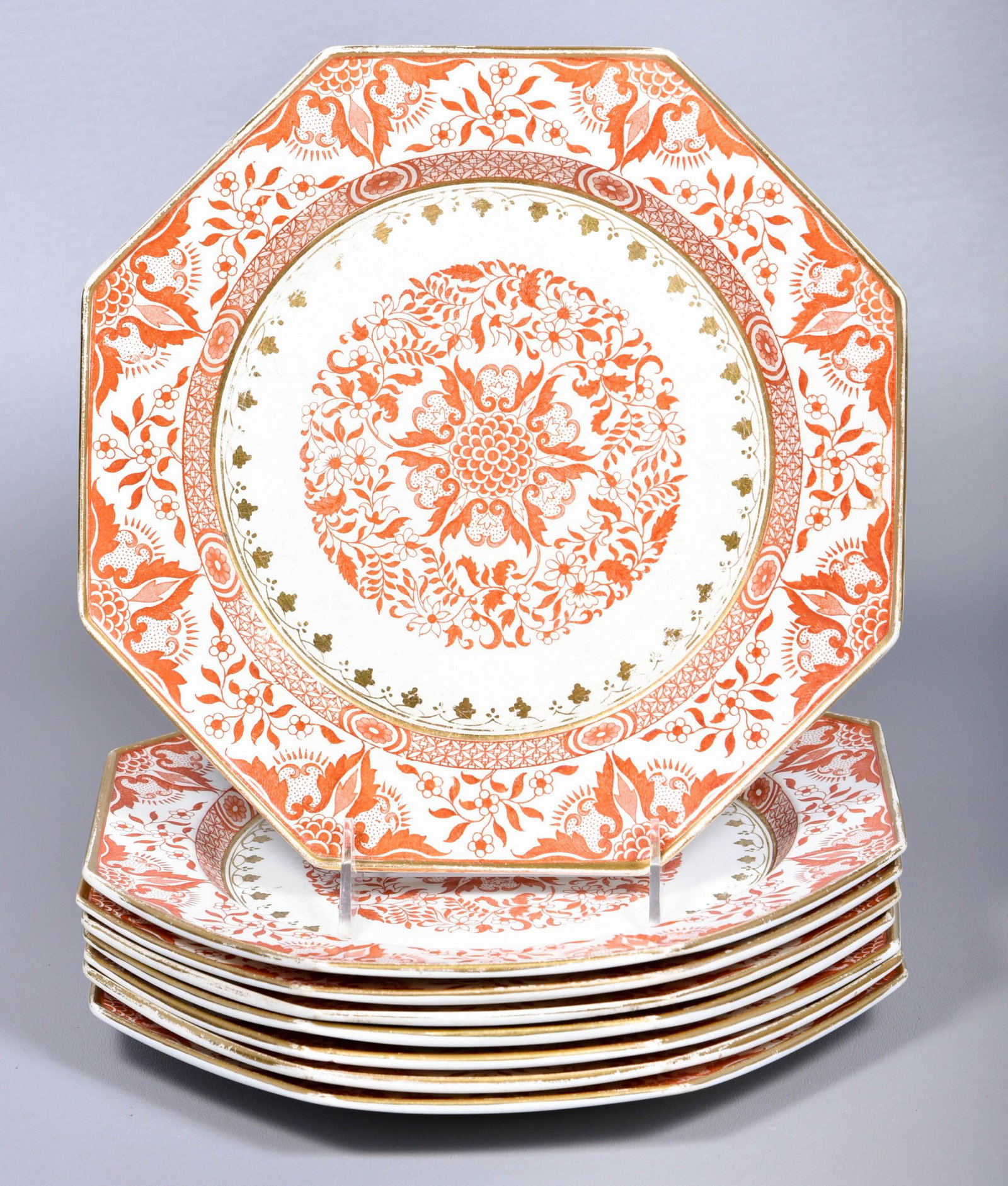 (8) Minton Denmark Octagonal Plates: (8) Minton Denmark octagonal plates, 10" dia, wear to gilt